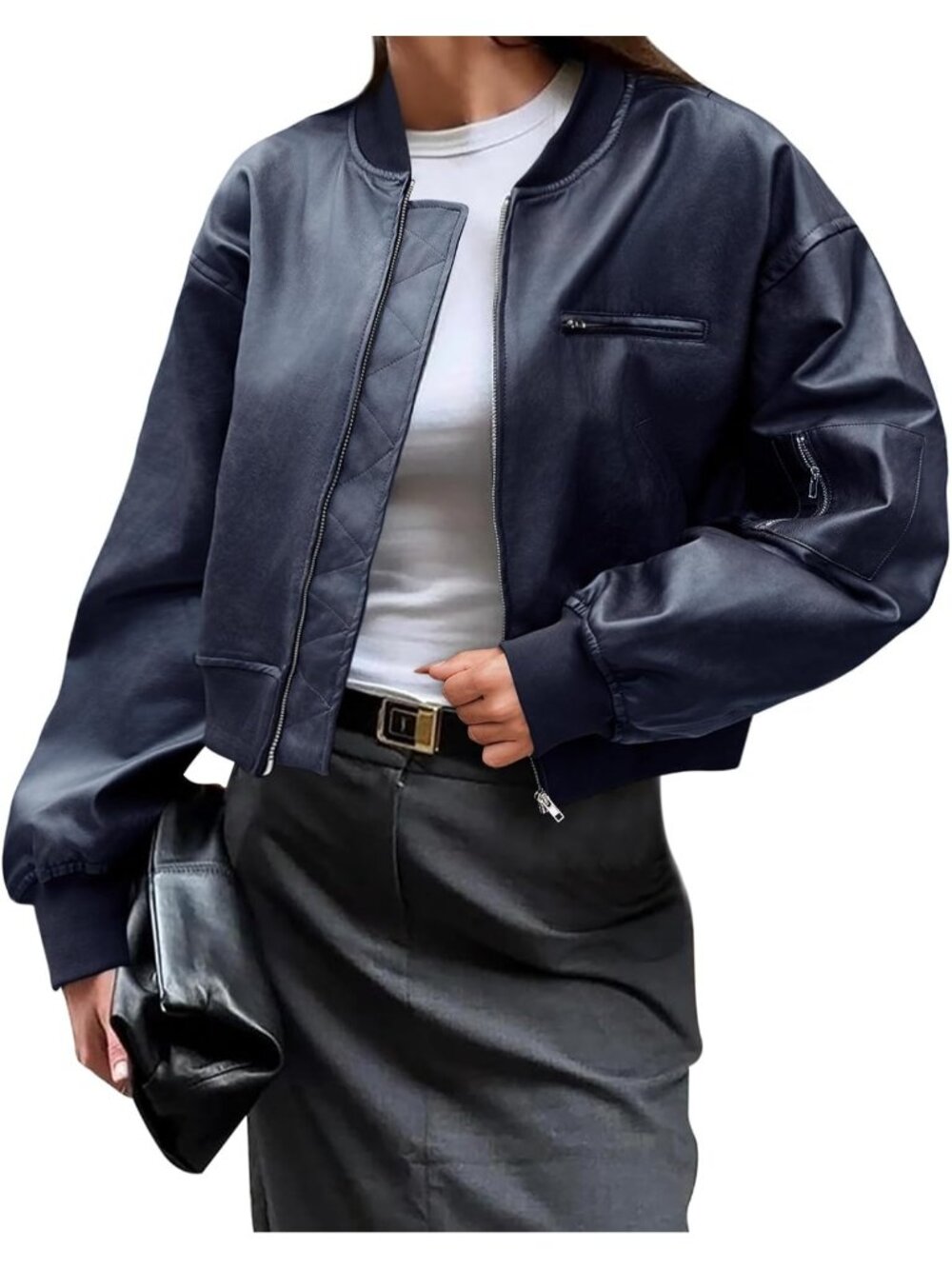 Womens Dark Blue Notch Drop-shoulder Zippered Pockets Biker Coat Leather Jacket